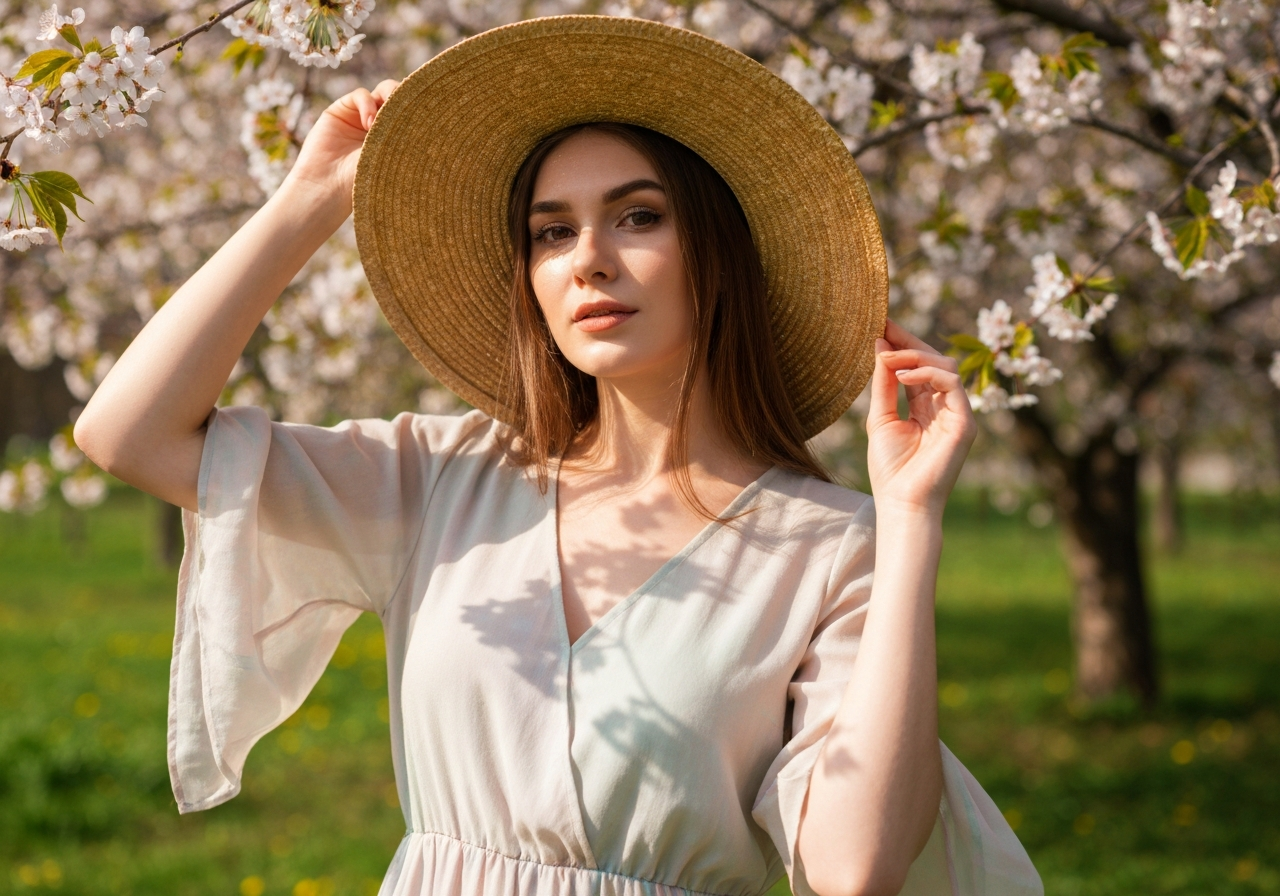Młoda kobieta w pastelowej sukience i kapeluszu wśród kwitnących wiśni wiosną na tle zieleni.