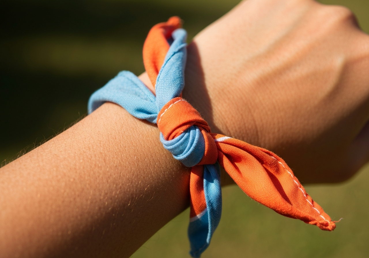 Nadgarstek z kolorową bandaną w naturalnym świetle na rozmytym tle na zewnątrz