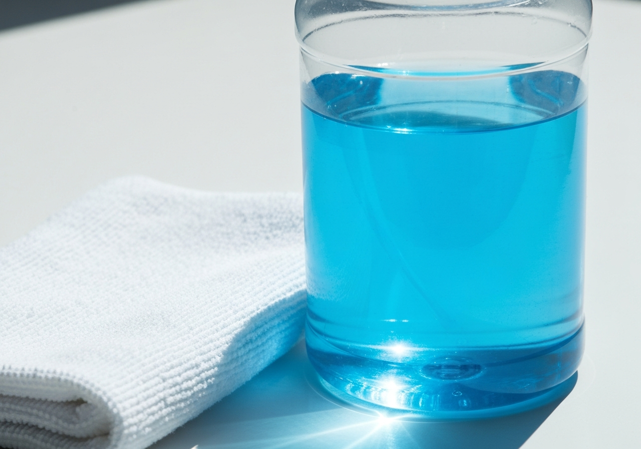 Przezroczysta butelka z wybielaczem obok białej bawełnianej szmatki na jasnym tle