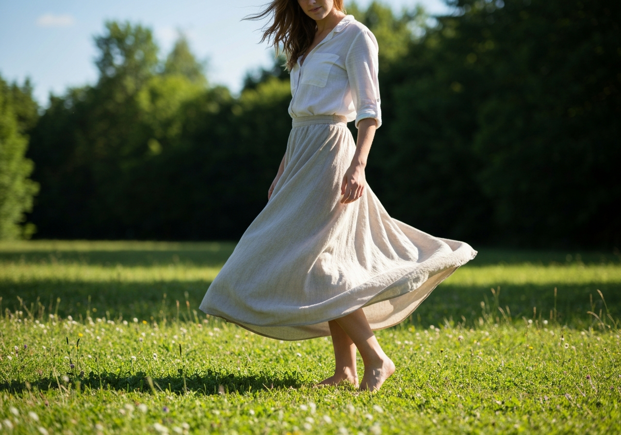 Młoda kobieta boso stoi na łące w długiej spódnicy i białej bluzce, na tle drzew i nieba.