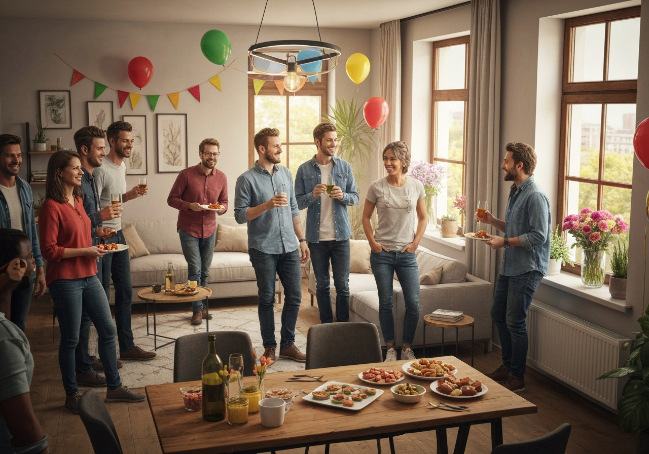 Przyjęcie w nowoczesnym mieszkaniu, grupa przyjaciół rozmawia i bawi się przy stole z przekąskami.