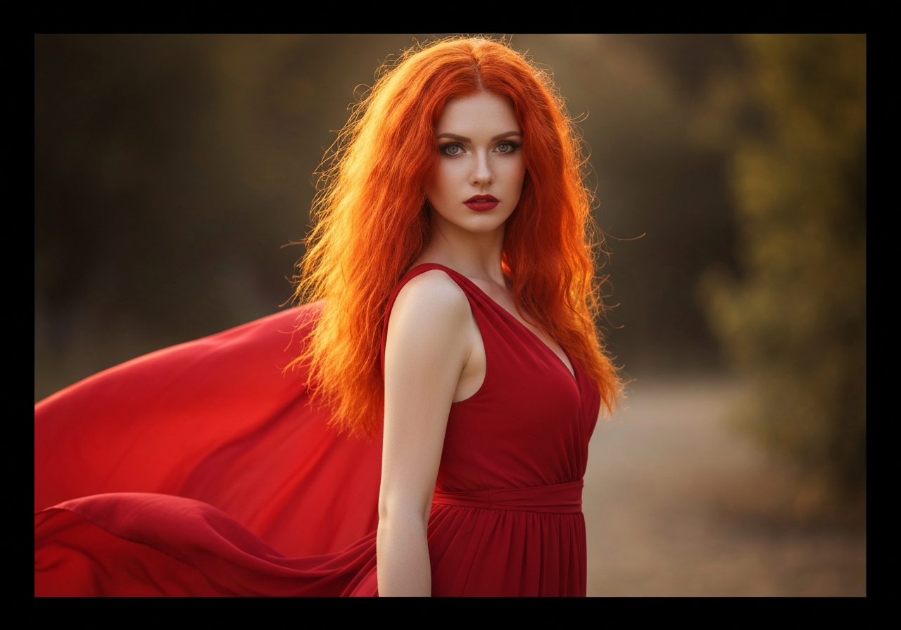 Młoda kobieta o rudych włosach w czerwonej sukni na tle natury, miękkie światło, rozmyte tło.